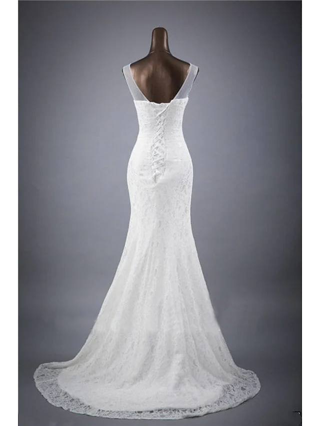 Luolandi Wedding Dresses Jewel Neck Court Train Lace Sleeveless Romantic Sexy